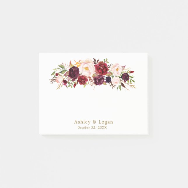 Burgundy Elegant Floral Gold Wedding Post-it Notes (Front)