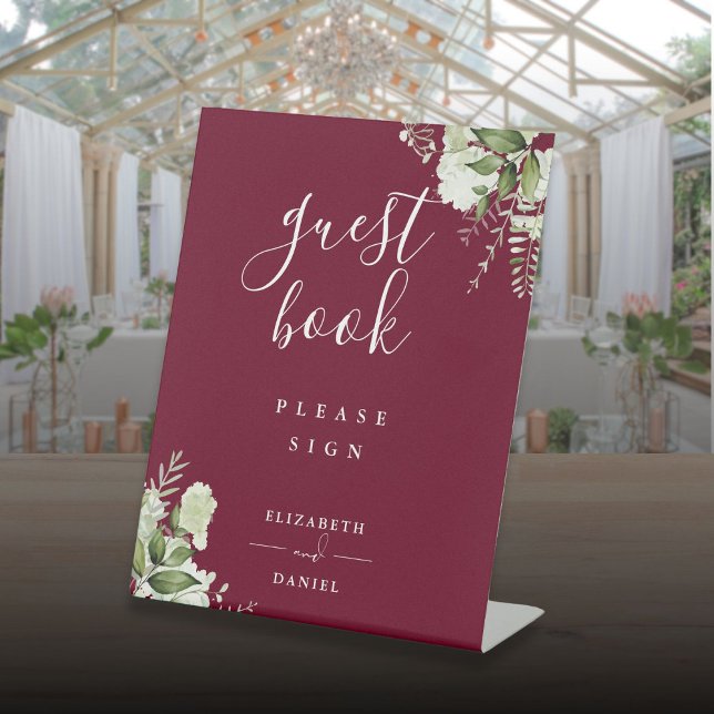 Burgundy Elegant Floral Greenery Guest Book Pedestal Sign (Burgundy Elegant Floral Greenery Guest Book Pedestal Sign)