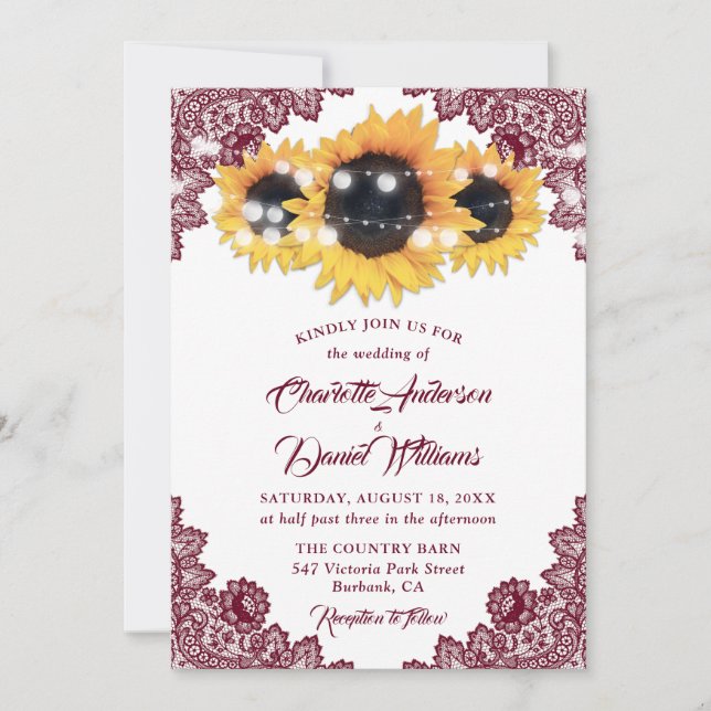 Burgundy Elegant Floral Lace Sunflower Wedding Invitation (Front)