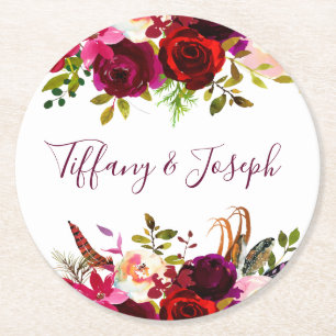 Burgundy Elegant Floral Spring Garden Wedding Round Paper Coaster