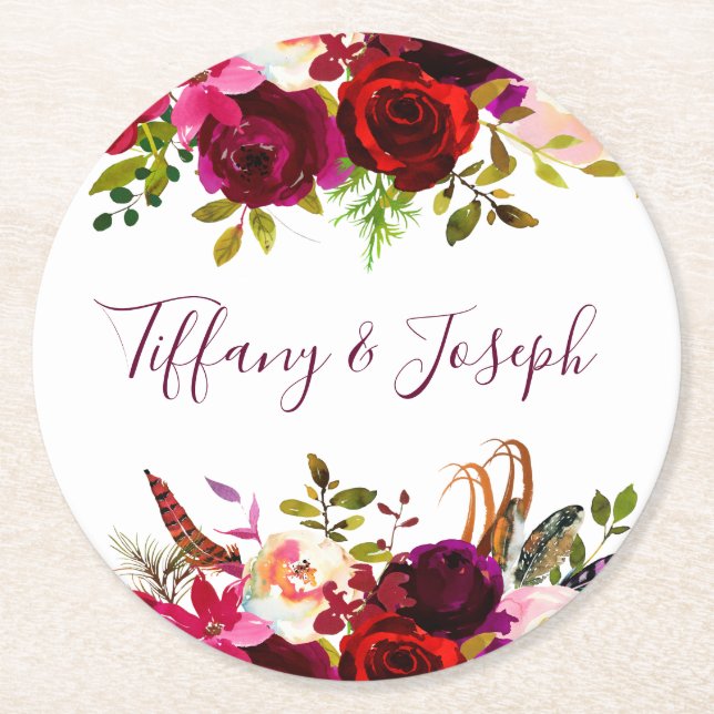 Burgundy Elegant Floral Spring Garden Wedding Round Paper Coaster (Front)