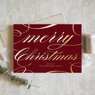 Burgundy Elegant Flourish Script Merry Christmas Foil Holiday Card