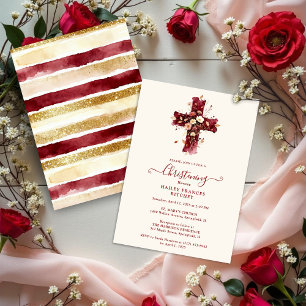 Burgundy Elegant Glitter Floral Cross Baptism Invitation