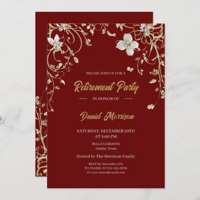 Burgundy Elegant Gold Floral Frame Retirement 2025 Invitation (Front/Back)