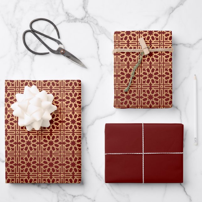 Burgundy Elegant Gold Geometric Arabic Eid kareem Wrapping Paper Sheet (Front)