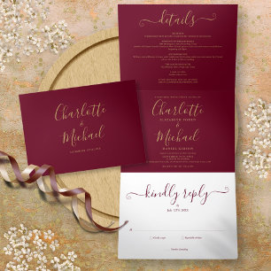 Burgundy Elegant Gold Script Photo Wedding Tri-Fold Invitation