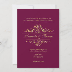 Burgundy elegant golden ornament wedding invitation