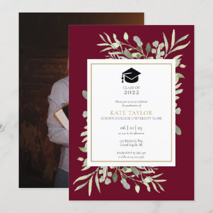 Burgundy Elegant Greenery Photo Graduation Party I Invitation