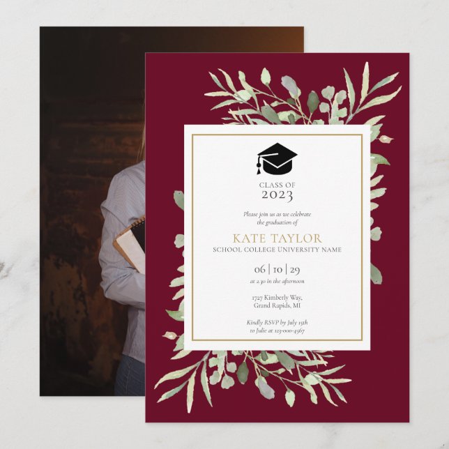 Burgundy Elegant Greenery Photo Graduation Party Invitation (Front/Back)
