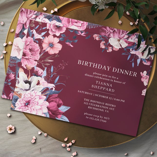 Burgundy | Elegant Maroon Floral Birthday Dinner Invitation (Creator Uploaded)