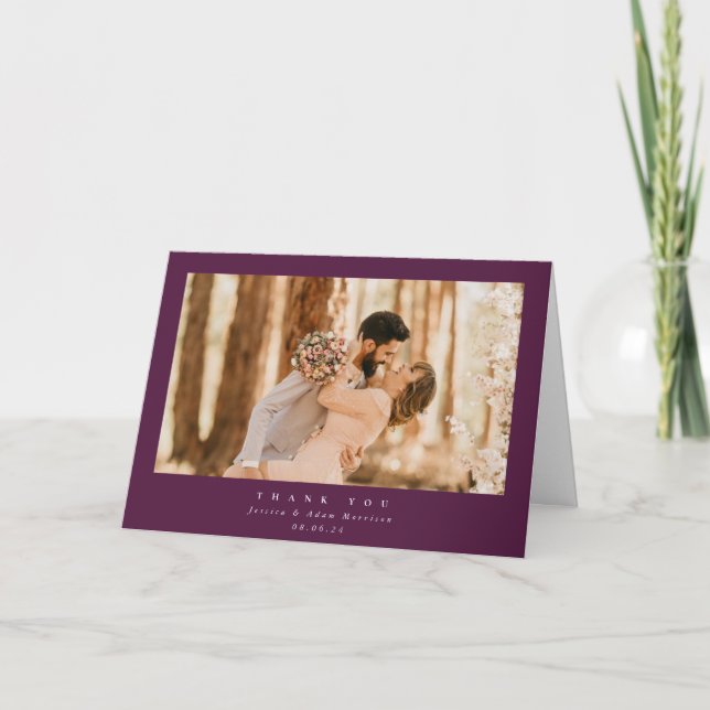Burgundy Elegant Minimal Single Photo Wedding Thank You Card (Front)