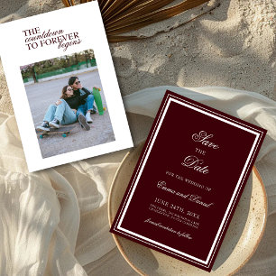 Burgundy Elegant Minimalist Photo Classic Wedding Save The Date