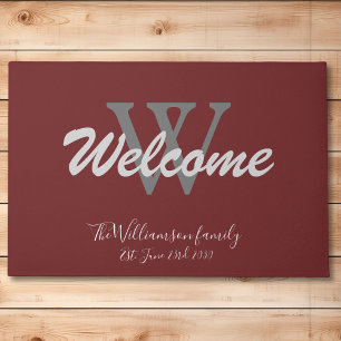 Burgundy Elegant Monogram Outdoor Wedding Welcome  Doormat