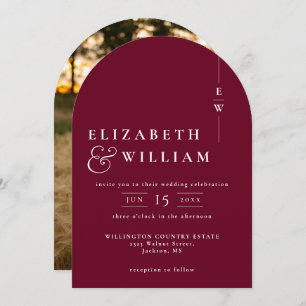 Burgundy Elegant Monogram Photo Wedding Arch Invitation