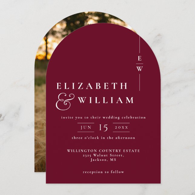 Burgundy Elegant Monogram Photo Wedding Arch Invitation (Front/Back)