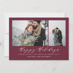 Burgundy elegant photo collage christmas script holiday card