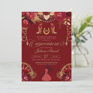 Burgundy Elegant Roses Red Gold Charro Quinceanera Invitation