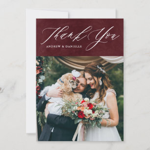 Burgundy Elegant Script Photo Wedding Thank You Card