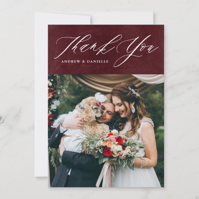 Burgundy Elegant Script Photo Wedding Thank You Card (Front)