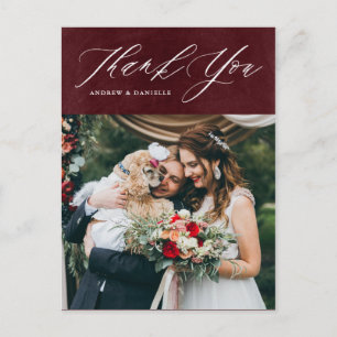 Burgundy Elegant Script Vertical Wedding Thank You Postcard