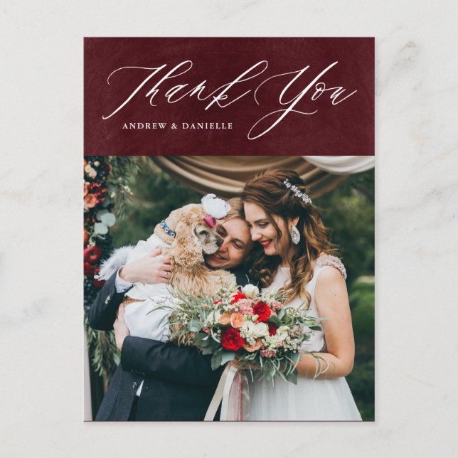 Burgundy Elegant Script Vertical Wedding Thank You Postcard (Front)