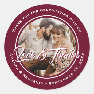 Burgundy Elegant Script Wedding Photo Favour Classic Round Sticker