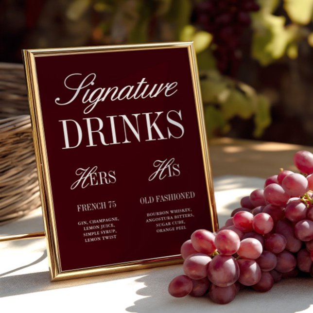 Burgundy Elegant Signature Drinks Wedding Bar Sign (Burgundy Elegant Signature Drinks Wedding Bar Sign)