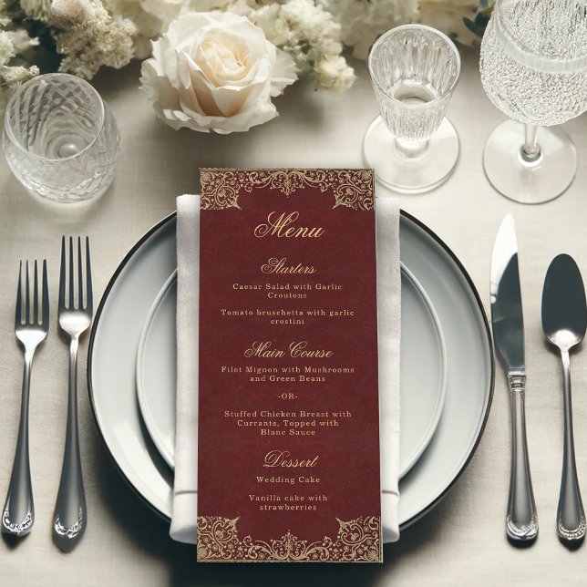 Burgundy Elegant Vintage Gold Script Wedding Menu (Creator Uploaded)