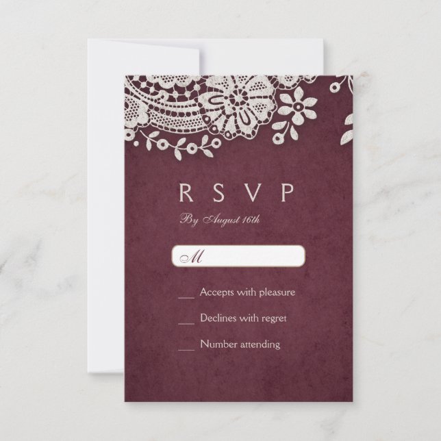 Burgundy elegant vintage lace rustic wedding RSVP Card (Front)