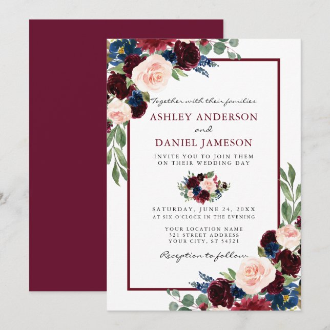 Burgundy Elegant Watercolor Floral Wedding Invitation (Front/Back)