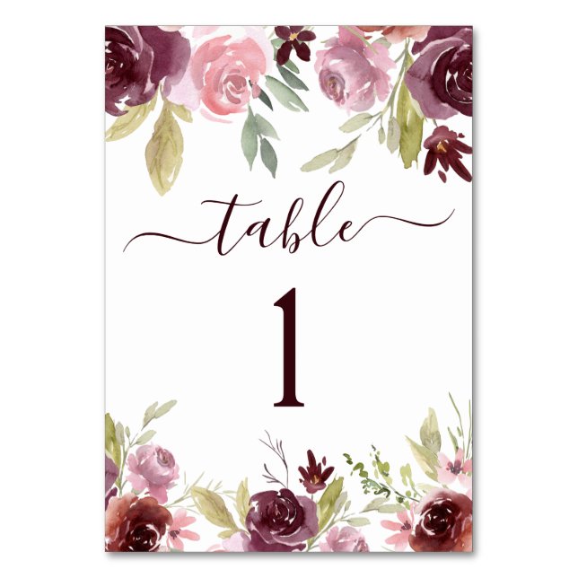 Burgundy Elegant Watercolor Floral Wedding Table Number (Back)