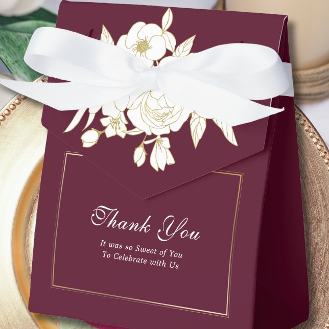 Burgundy Elegant White Gold Floral Script Wedding Favour Box (Creator Uploaded)