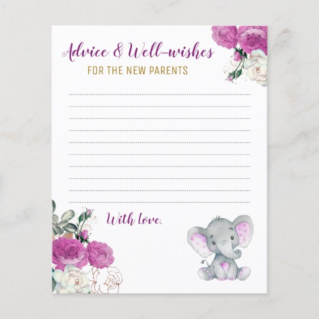 Burgundy Elephant Shower New Parents Advice Cards (Front)