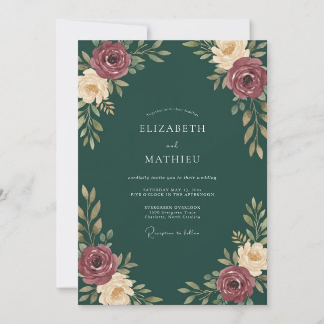 Burgundy Emerald Foliage Eucalyptus Wedding Invitation (Front)