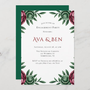 Burgundy & Emerald Peony Winter Engagement Party Invitation