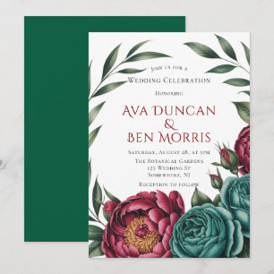 Burgundy & Emerald Peony Winter Wedding Invitation