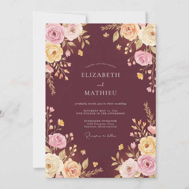 Burgundy Enchanting Floral Wedding Invitation (Front)