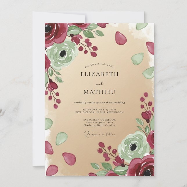 Burgundy Ethereal Botanical Wedding Invitation (Front)