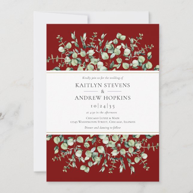Burgundy Eucalyptus All In One Wedding Invitation (Front)