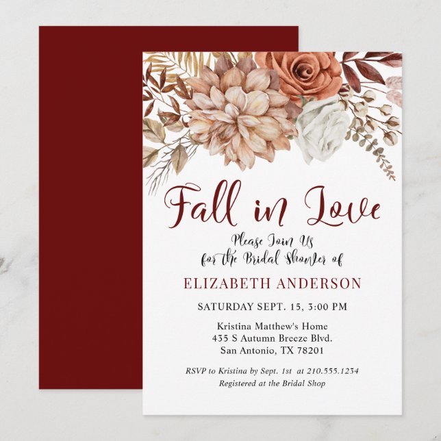 Burgundy Fall Boho Floral Bridal Shower Invitation (Front/Back)