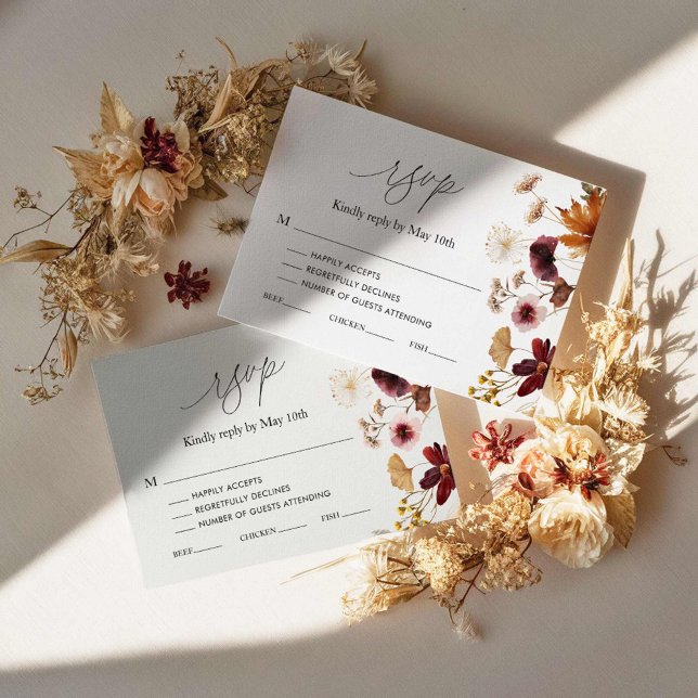 Burgundy Fall Boho Floral Wedding RSVP Card (Burgundy Floral Fall Wedding RSVP Cards)