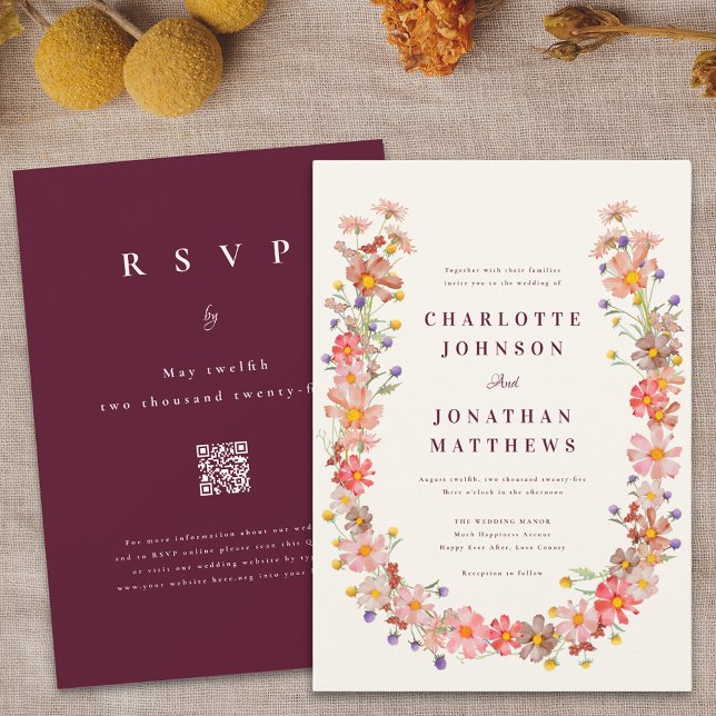 Burgundy Fall Boho Rustic Floral QR Code Wedding Invitation (Boho wildflower wreath burgundy fall floral wedding invitation elegant stylish bohemian )