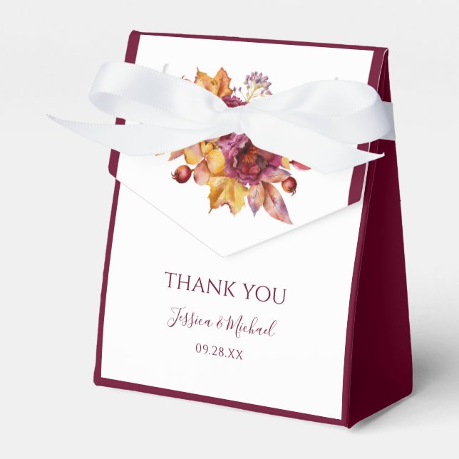 Burgundy Fall Bouquet Leaves Elegant Wedding Favour Box (Front Side)
