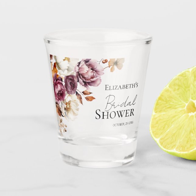Burgundy Fall Floral Autumn Bridal Shower Shot Glass (Front)