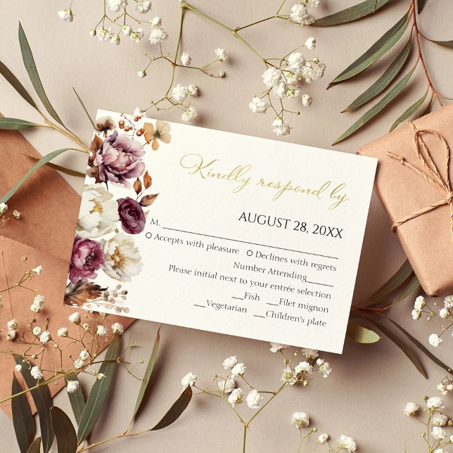 Burgundy Fall Floral Autumn Quinceanera RSVP Cards (Creator Uploaded)