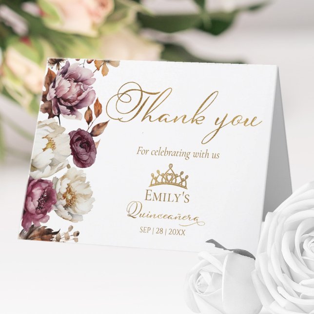 Burgundy Fall Floral Autumn Quinceanera Thank You Card (Creator Uploaded)