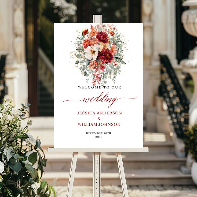 Burgundy Fall Floral Boho Eucalyptus Wedding Sign (Burgundy Fall Floral Boho Eucalyptus Wedding Welcome

)