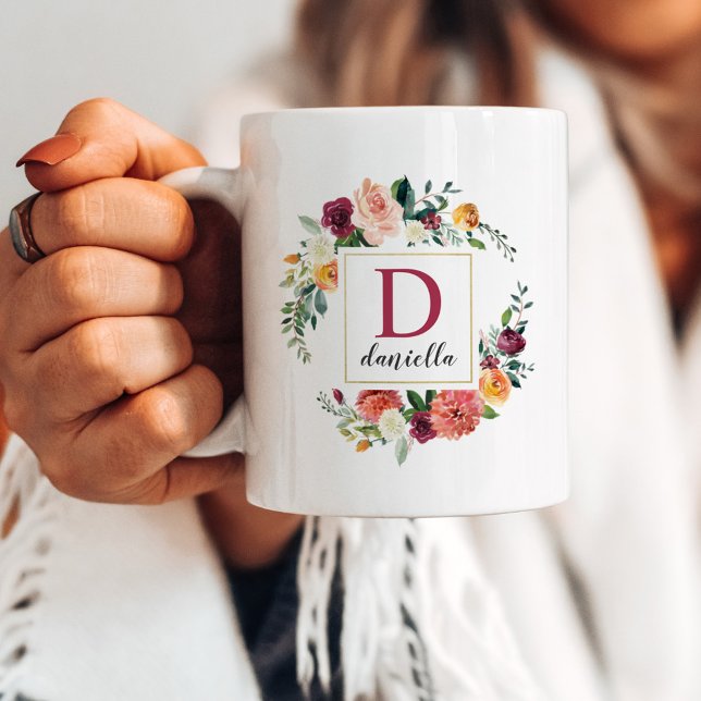 Burgundy Fall Floral Custom Monogram Coffee Mug (Creator Uploaded)
