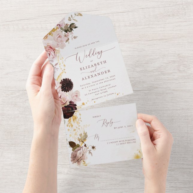 Burgundy fall floral elegant  all in one invitation (Tearaway)