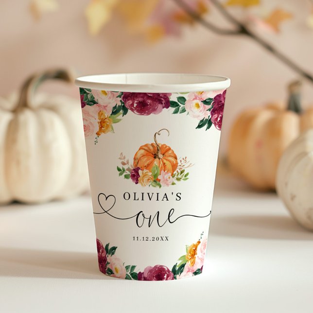 Burgundy fall floral Little pumpkin 1st birthday  Paper Cups (Creator Uploaded)